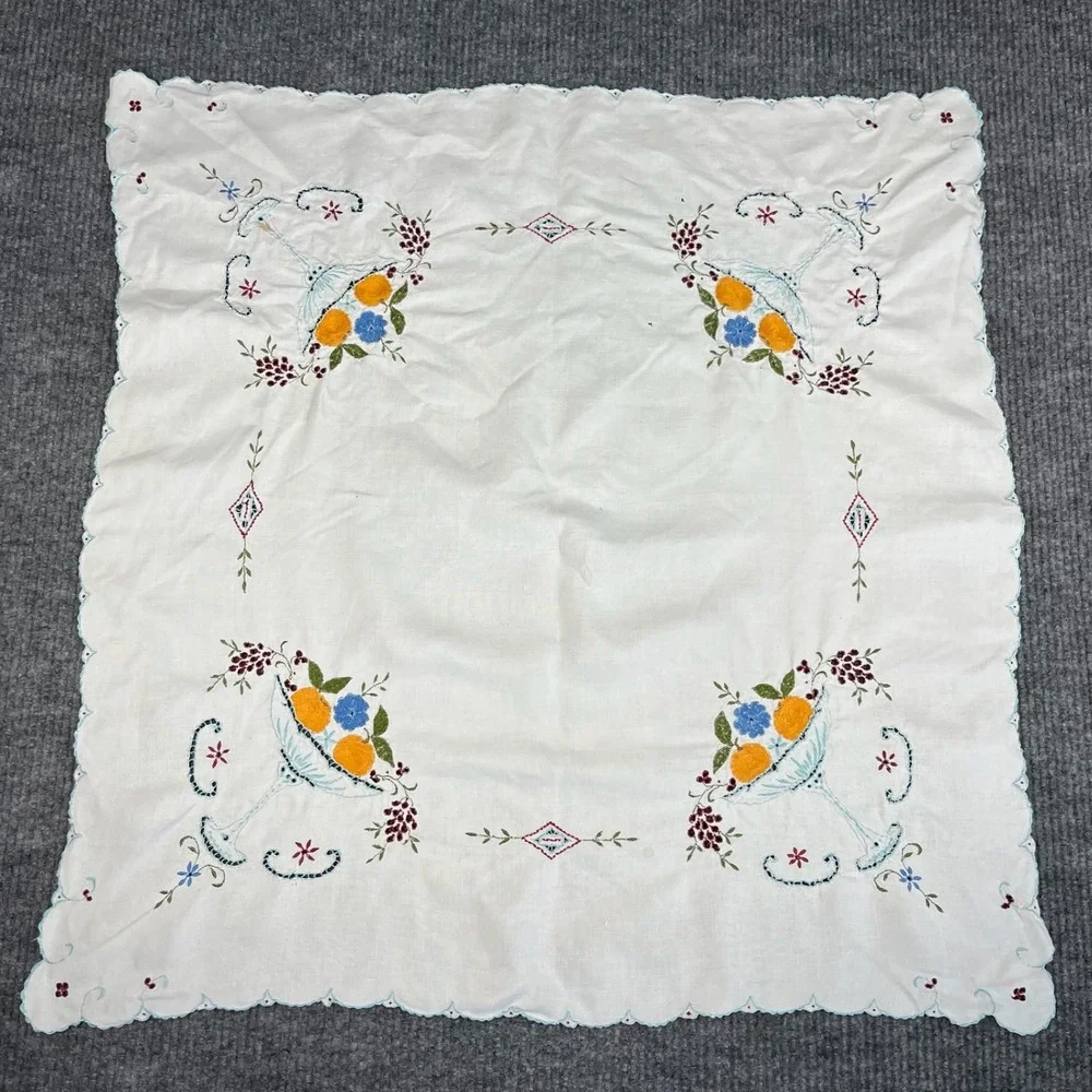 Vtg 40s Tablecloth Embroidered Fruit Basket Floral White Cotton Scalloped 33x34